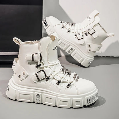 Baskets montantes noires à rivets, mode, pour homme, en cuir, design de luxe, chaussures de ville, style gothique et punk, bottes de moto pour homme, grandes tailles jusqu'à la taille 46