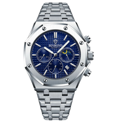 BINBONG B0161 Top Brand Man Business Quartz Watch Chronograph Wristwatch Stainless Steel Strap 30M Waterproof Luxury Men Watch