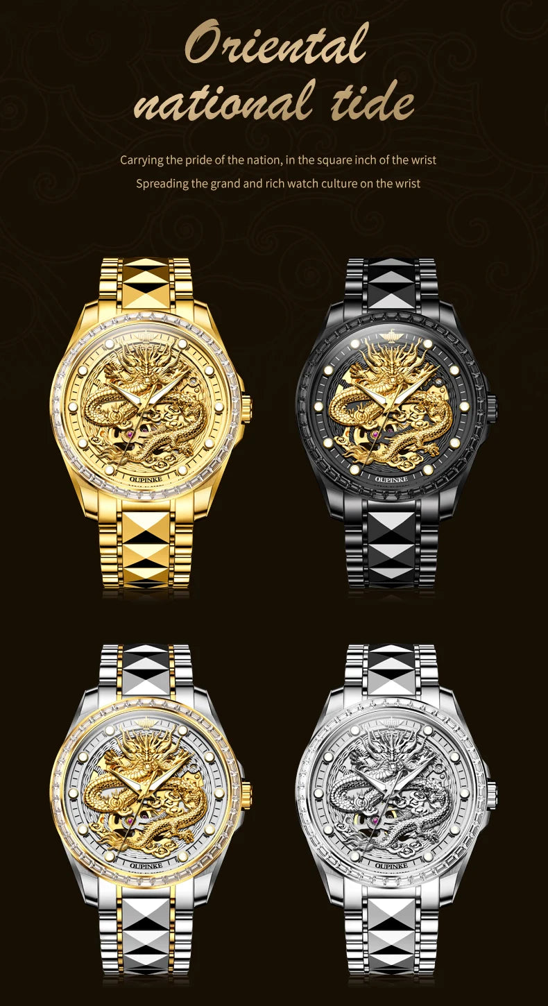 OUPINKE Men's Watches Top Brand Luxury Gold Tungsten Steel Original Automatic Mechanical Wristwatch Featured Dragon Pattern Dial
