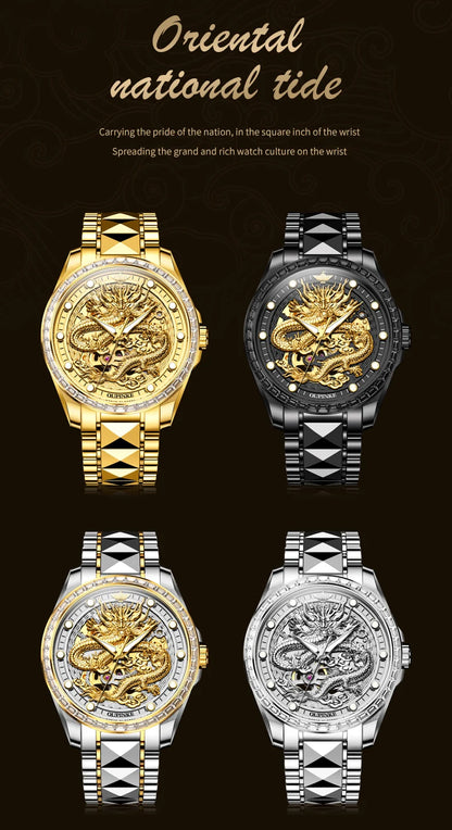 OUPINKE Men's Watches Top Brand Luxury Gold Tungsten Steel Original Automatic Mechanical Wristwatch Featured Dragon Pattern Dial