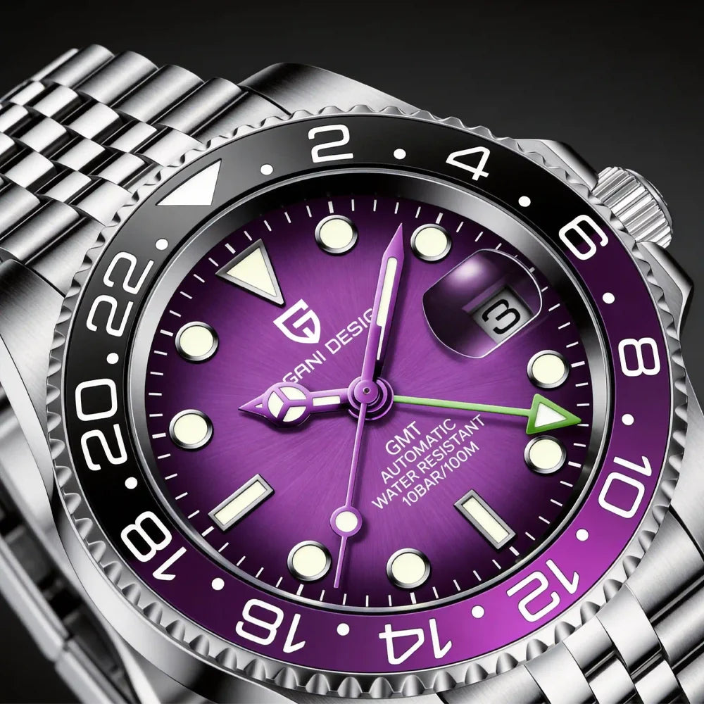 Механичен мъжки часовник Pagani Design GMT – Луксозен модел със сапфирен кристал, корпус от неръждаема стомана и керамична рамка – Автоматичен мъжки часовник, професионален стил