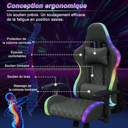 Ergonomic Gaming Chair with Massage Function, RGB LED, 90-135 Degree Recline, Up to 130kg, Office Chair, Premium Leather, Black