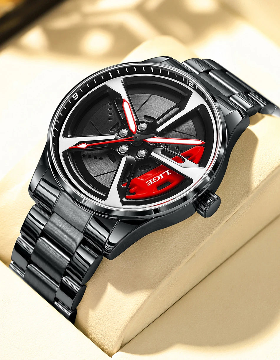 LIGE luxe herenhorloge – Model met draaibare wijzerplaat, waterdicht, van roestvrij staal, met verlichte display – Cadeautip voor mannen (Halloween)