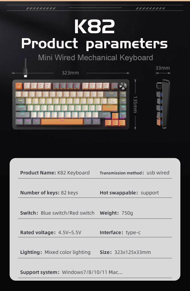 APAYADO 75% Gaming Keyboard Wired with Metal Knob, Hot-Swap K82 Black Mechanical Keyboard,ABS Transparent Character RGB