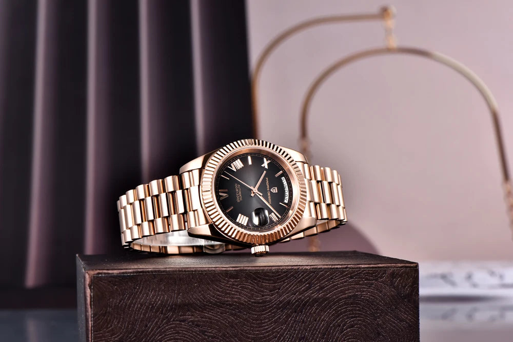 PAGANI DESIGN Luxe herenhorloge met saffierglas, lichtgevende wijzers, roestvrij staal, week- en datumweergave, mechanisch, waterdicht, ST16 herenhorloge
