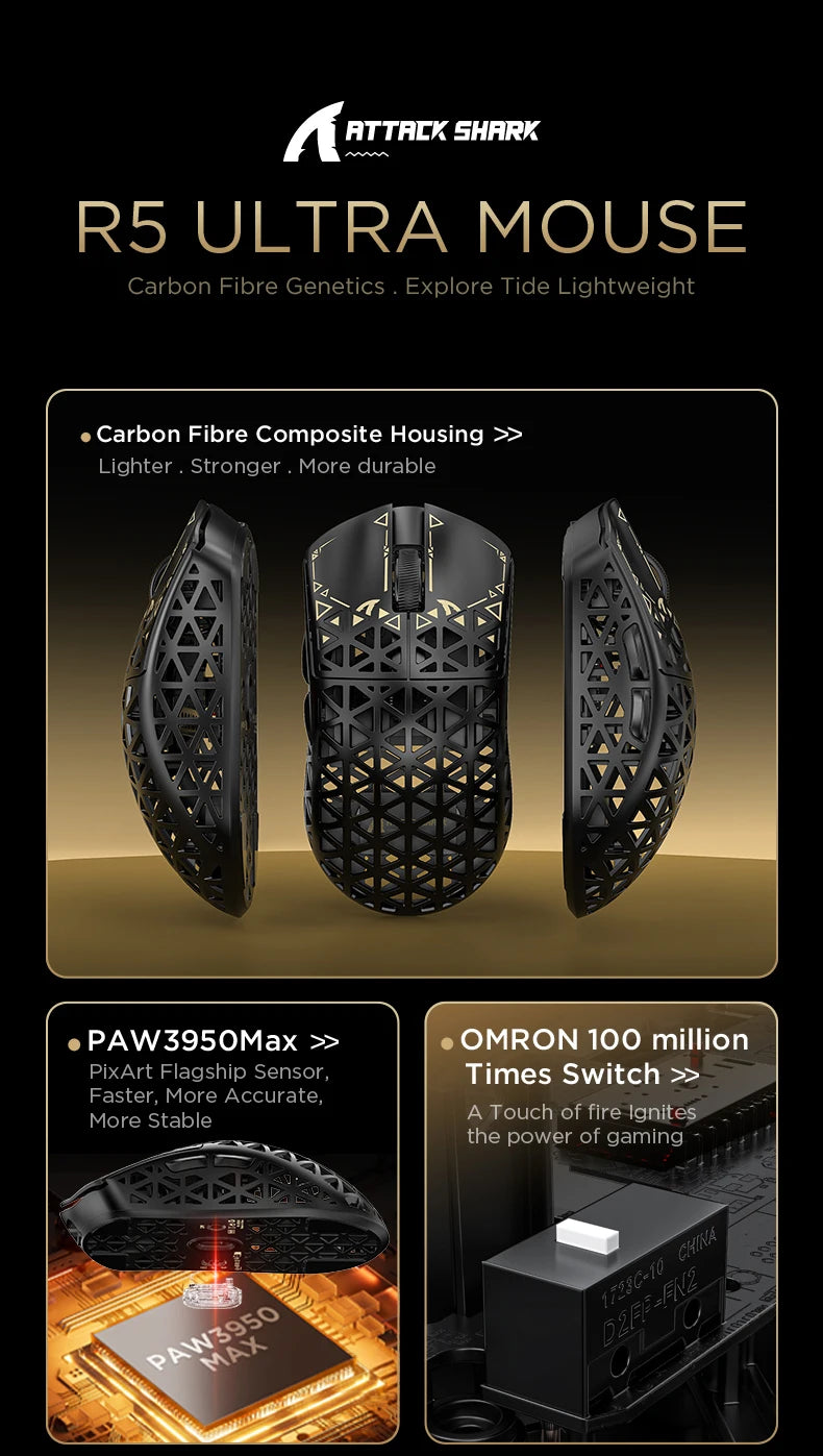 ATTACK SHARK R5 Tri-mode Ultra Wireless Gaming Mouse Carbon Fiber 8K, PAW3950MAX, 8000Hz Wireless Polling Rate, DPI up to 42000