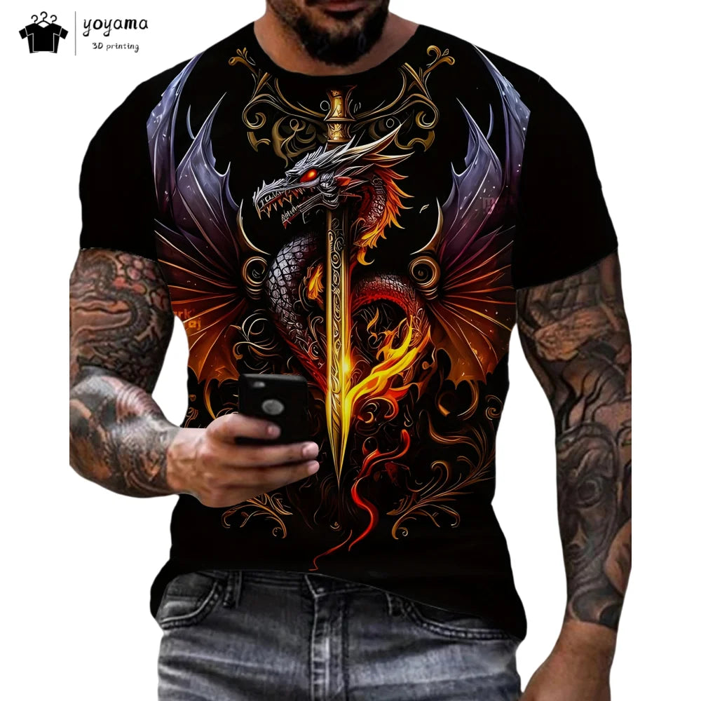 Pánská trička s motivem draka, tričko s krátkým rukávem, módní streetwear, tričko s kulatým výstřihem, trendové zvířecí motivy, 3D tisk, volný střih, univerzální pánské oblečení