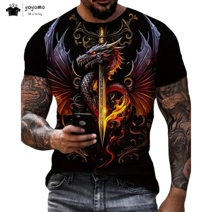 Pánská trička s motivem draka, tričko s krátkým rukávem, módní streetwear, tričko s kulatým výstřihem, trendové zvířecí motivy, 3D tisk, volný střih, univerzální pánské oblečení