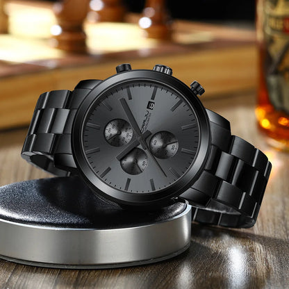 Montre pour homme CRRJU – Chronographe en acier inoxydable, étanche, avec affichage de la date, mouvement à quartz analogique, style élégant et professionnel