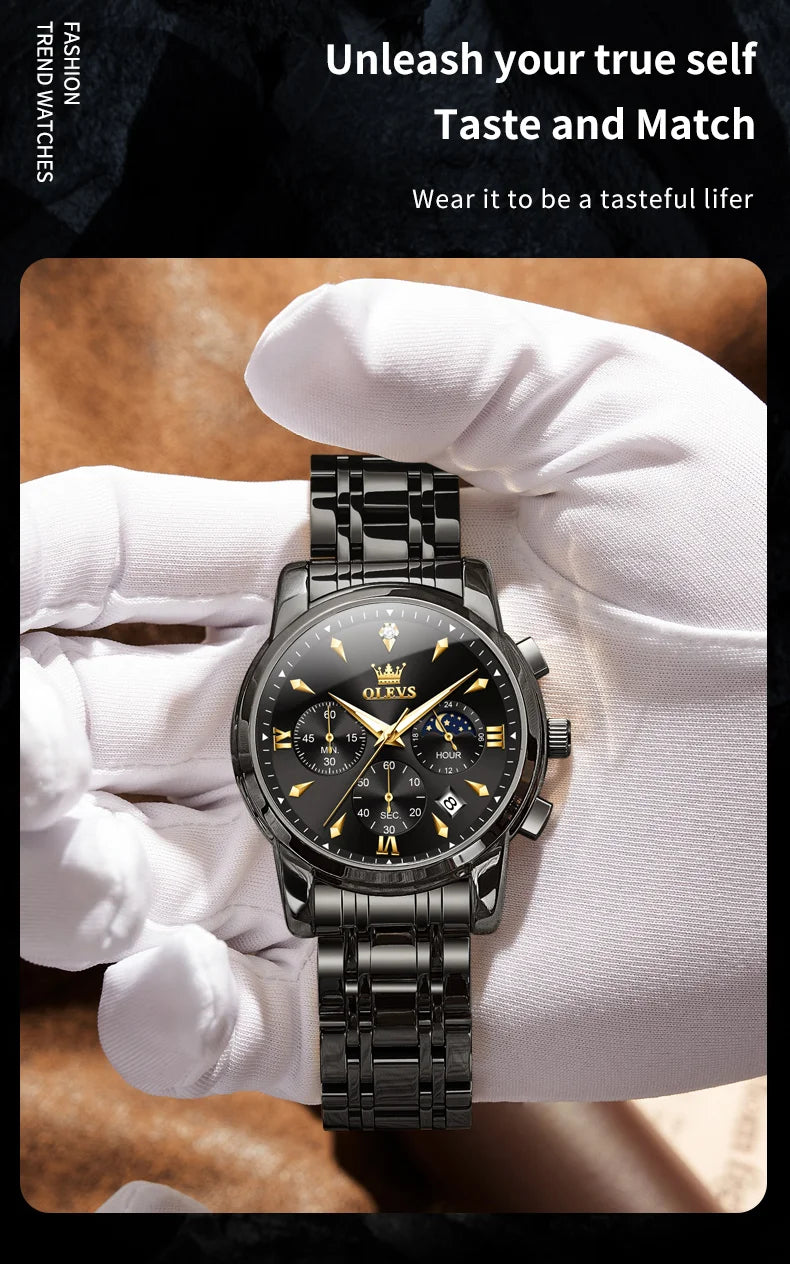 OLEVS 3639 Top Brand Original Luxury New Quartz Watch Stainless Steel Watch For Men Waterproof Luminous Moon Phase Mens Watch