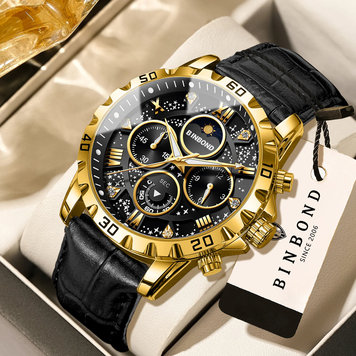 Montre-bracelet à quartz BINBOND authentique et précise pour homme, chronographe lumineux étanche de luxe avec bracelet en cuir.