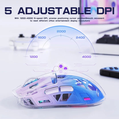 A2 Transparent Wireless Gaming Mouse, BT 5.0/2.4G PC Rechargeable RGB Mice with Digital Screen, PixArt 3212, 5 Adjustable DPI
