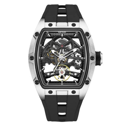 Orologio da polso automatico MEGIR da uomo, fashion, cinturino in silicone nero, impermeabile, luminoso, sportivo, meccanico, con quadrante tonneau 2242