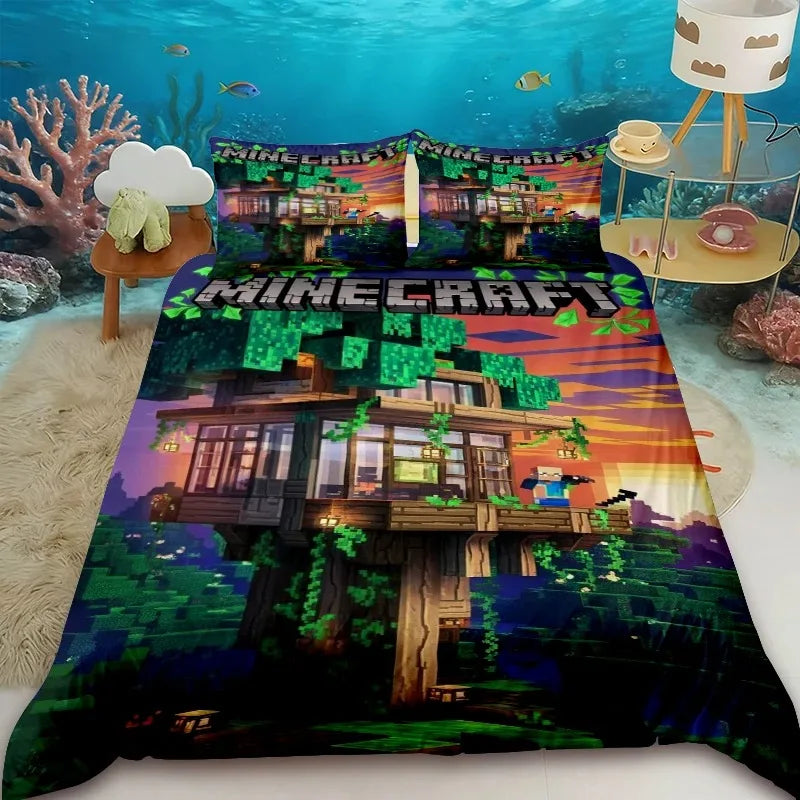 Pościel dla dzieci z motywem kreskówkowym Minecraft – zestaw pościelowy z poszewką na kołdrę w rozmiarze Queen, King i Full z 1/2 poszewką na poduszkę do sypialni