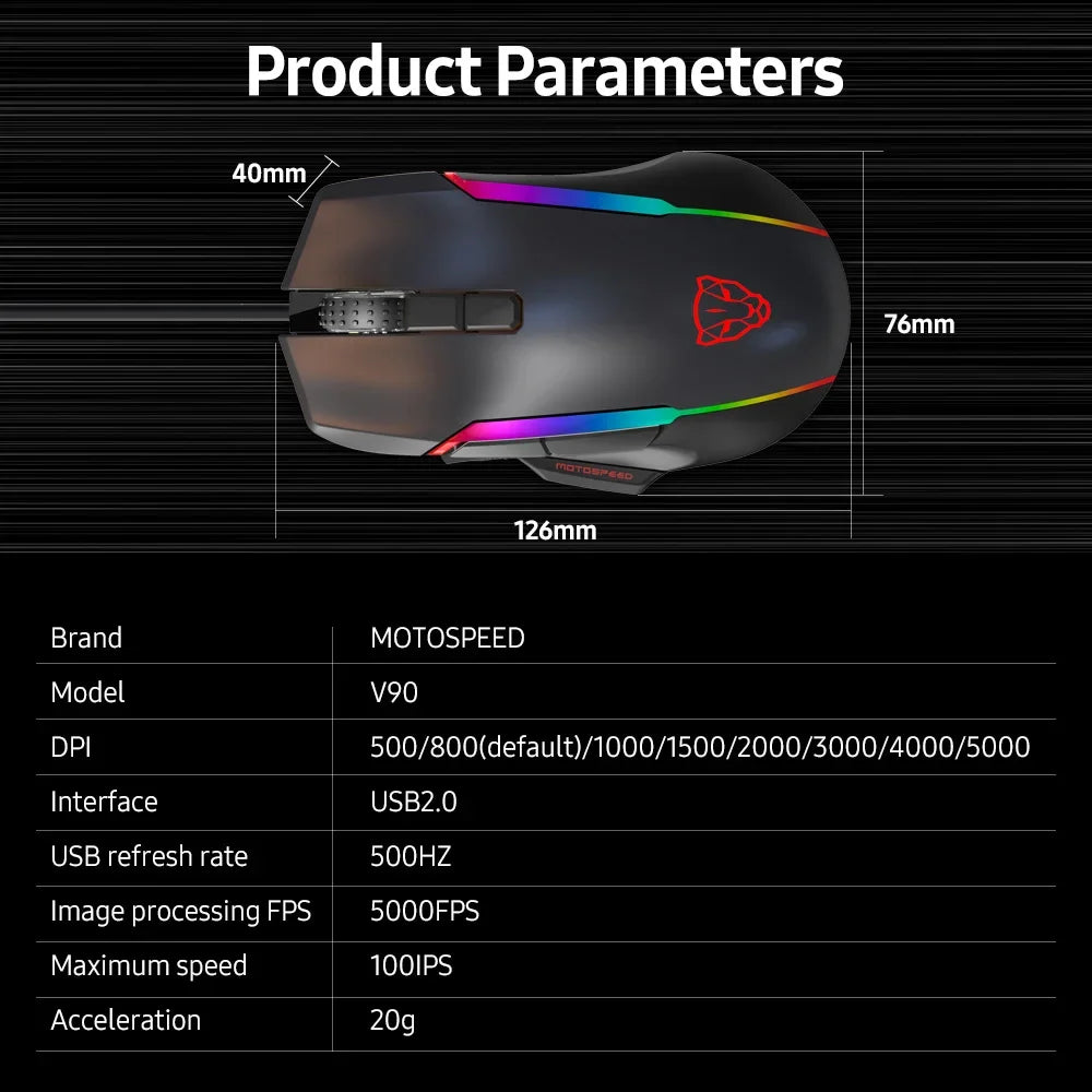 MOTOSPEED V90 Wired Gaming Mouse RGB, 5000 DPI Programmable Gaming Mouse with 9 Buttons, PMW3325 Optical Sensor, USB Wired Gaming Mouse for PC & Laptop