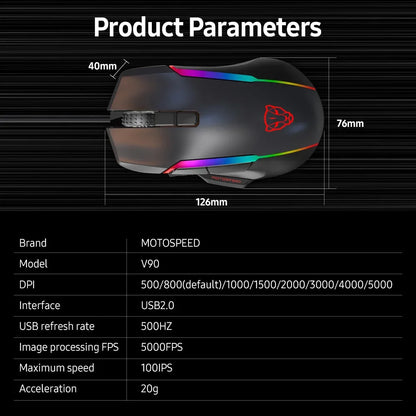 MOTOSPEED V90 Wired Gaming Mouse RGB, 5000 DPI Programmable Gaming Mouse with 9 Buttons, PMW3325 Optical Sensor, USB Wired Gaming Mouse for PC & Laptop