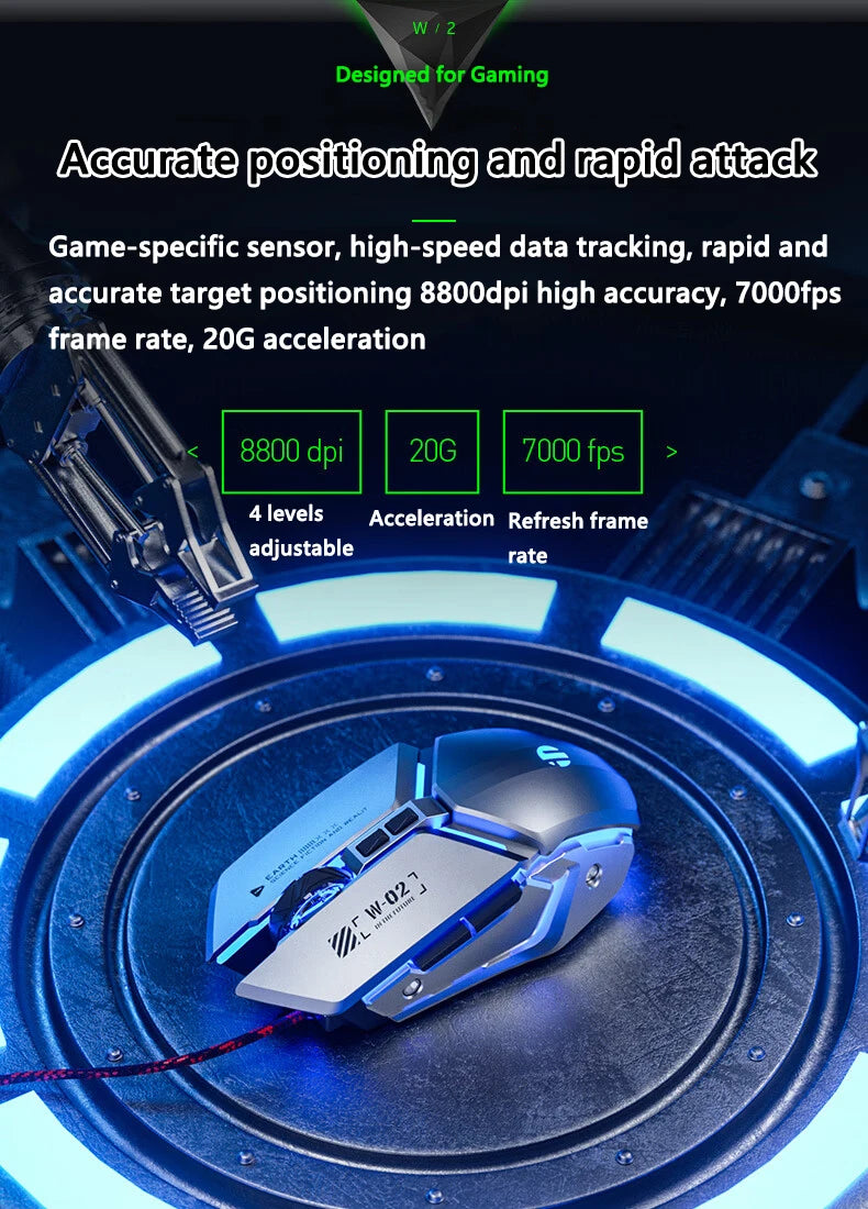 Inphic W2 2nd Generation USB Wired Gaming Mouse Silent Click Metal Style 6-key Macro Programming 8800DPI