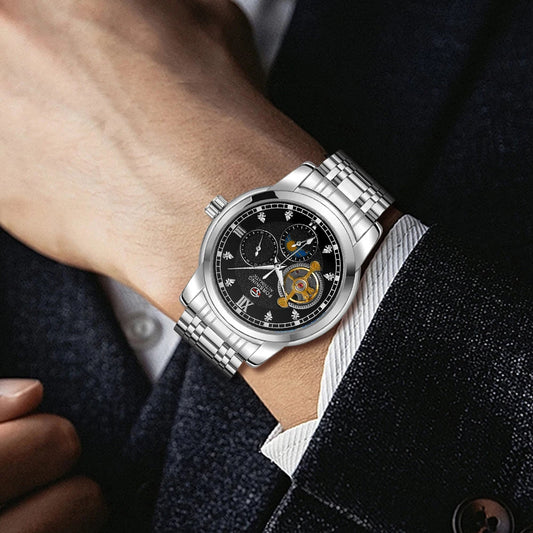 Relógio mecânico automático para homem Forsining – Estilo de luxo, empresarial e de moda, bracelete em metal, turbilhão, ponteiros luminescentes, adornado com diamantes artificiais