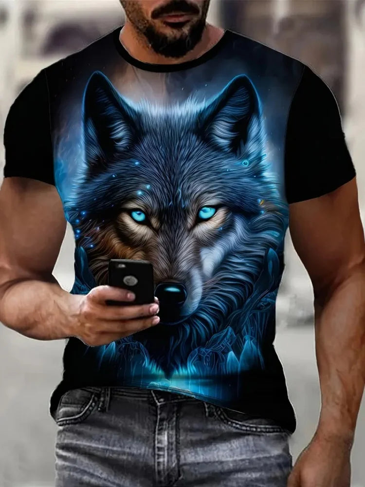 Ανδρικό T-shirt με 3D σχέδιο «Fire Wolf» και γραφικό τύπωμα, καλοκαιρινό, oversized, casual, ανδρική μόδα, γυμναστική, κοντομάνικο, ρούχα, μπλούζες