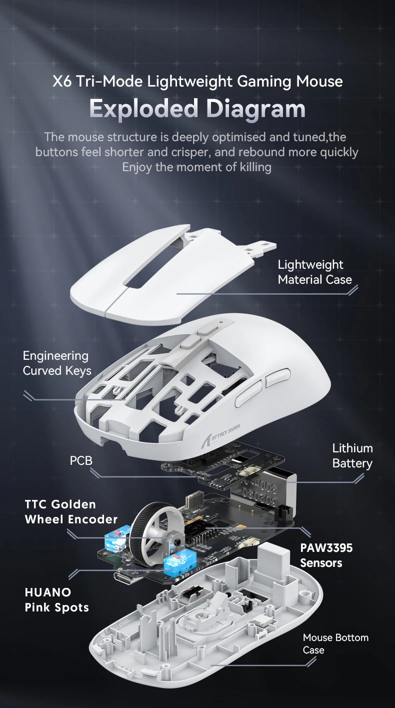 Attack Shark X6 Lightweight Wireless Gaming Mouse, Tri-Mode Bluetooth & 2.4G Gaming Mouse, 26,000 DPI RGB Charging Dock, PAW3395 Sensor