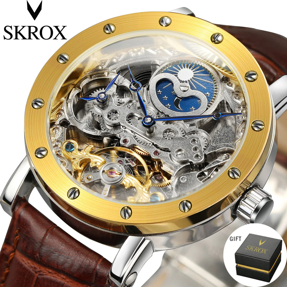 Pánske mechanické automatické náramkové hodinky SKROX, skeletový model s funkciou GMT, fázami mesiaca a tourbillon – luxusné hodinky najvyššej triedy, elegantné a originálne.