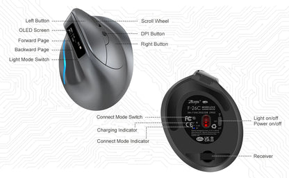 Lefon F26C Vertical Mouse, Wireless with OLED Screen, Bluetooth Ergonomic Mouse, Optical Rechargeable Gaming Mice for PC Laptop