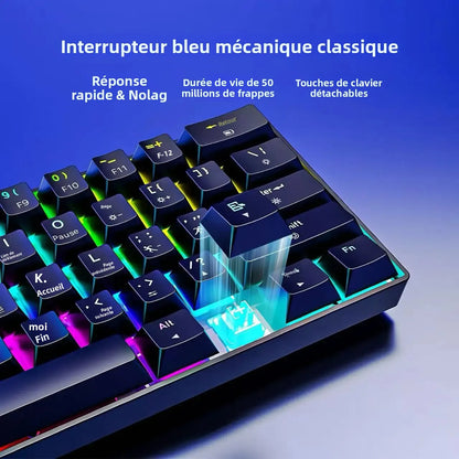 61-Key RGB Backlit Tri-Mode Bluetooth Mechanical Keyboard Dust-Proof Hot-Swappable Wireless Gaming & Office Keyboard for Esports
