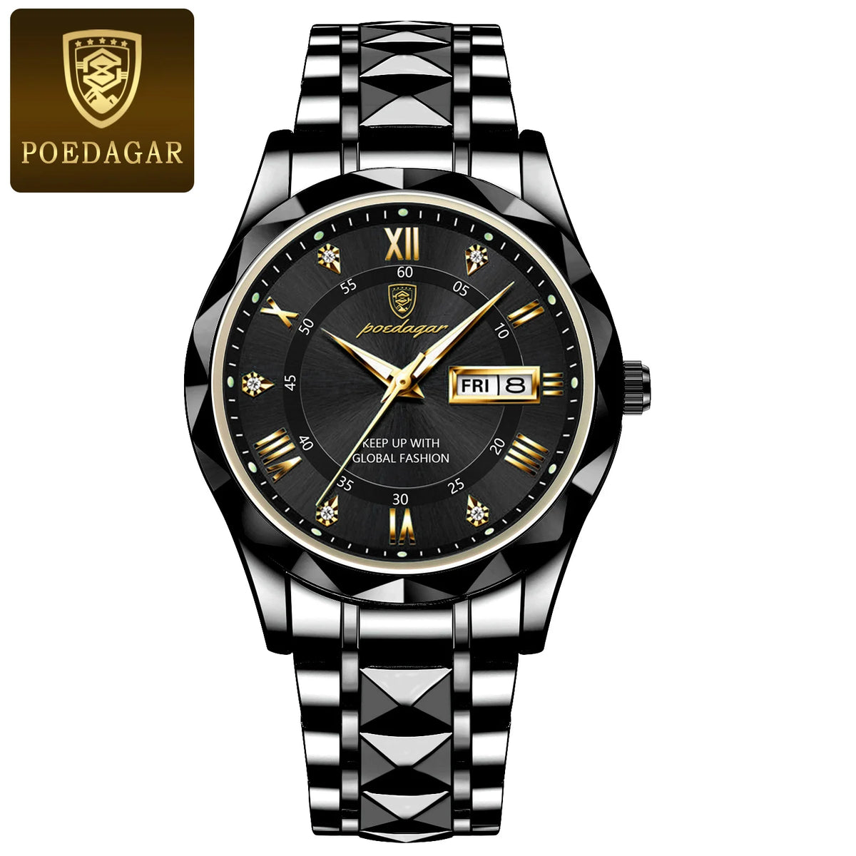 Męski zegarek POEDAGAR Business Luxury, wodoodporny, ze stali nierdzewnej, z podświetleniem, z datownikiem i wskaźnikiem dnia tygodnia, w stylu sportowym, na mechanizmie kwarcowym.