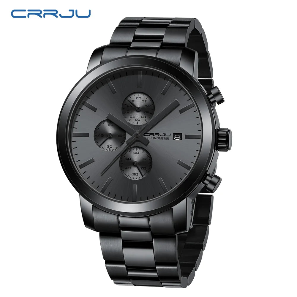 Montre pour homme CRRJU – Chronographe en acier inoxydable, étanche, avec affichage de la date, mouvement à quartz analogique, style élégant et professionnel