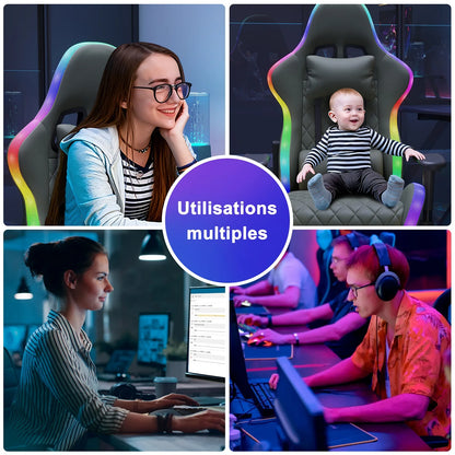 Ergonomic Gaming Chair with Massage Function, RGB LED, 90-135 Degree Recline, Up to 130kg, Office Chair, Premium Leather, Black