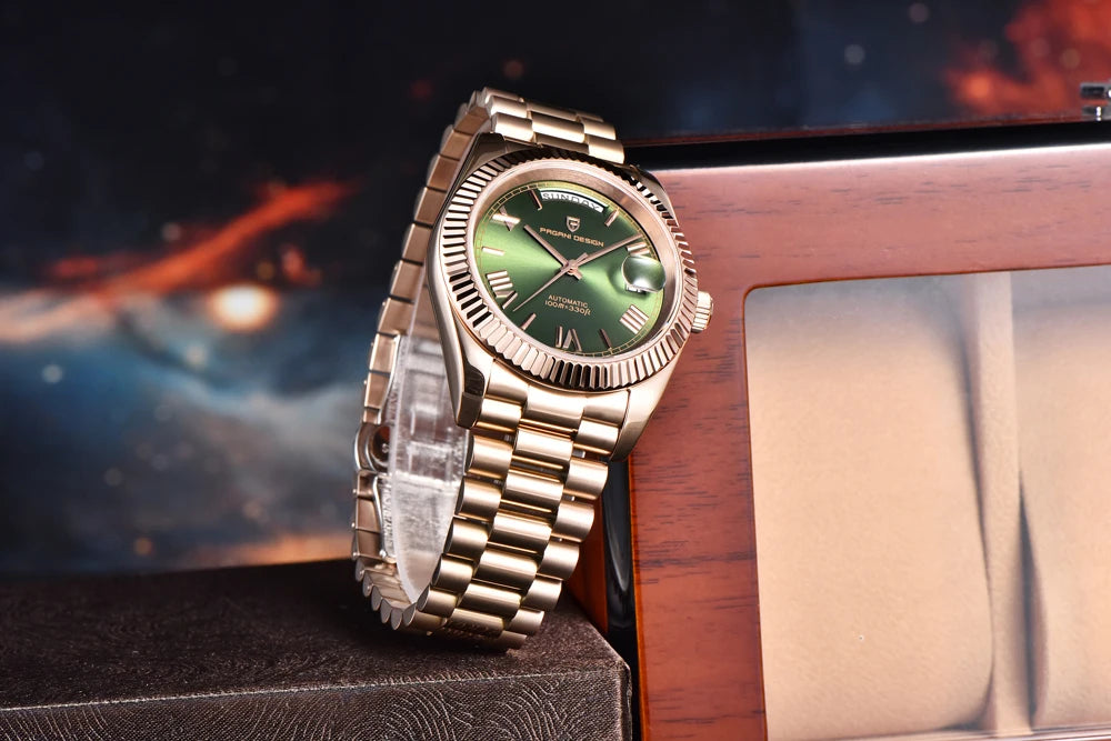 PAGANI DESIGN Luxe herenhorloge met saffierglas, lichtgevende wijzers, roestvrij staal, week- en datumweergave, mechanisch, waterdicht, ST16 herenhorloge