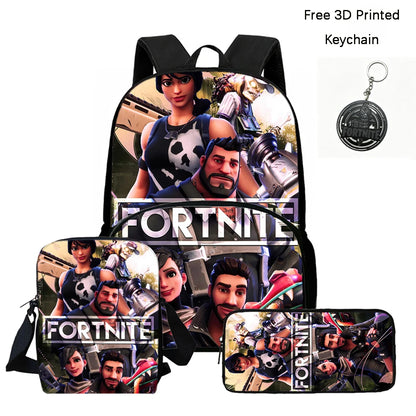 FORTNITE 3Pcs School Backpack Set,Front Pocket Bag Crossbody Pencil Case,Age5-10 Boys Girls Lightweight,Free 3D Printed Keychain