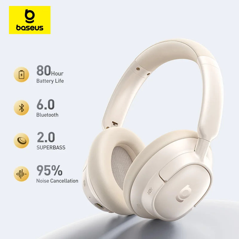 Casque sans fil Baseus ANC, écouteurs supra-auriculaires 80H, réduction de bruit à 95%, casque Bluetooth 6.0