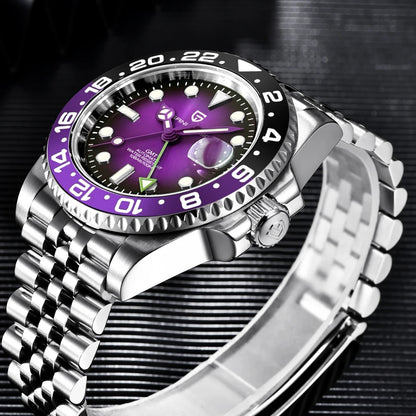Montre mécanique pour homme PAGANI DESIGN (40 mm) – Cadran violet, fonction GMT, bracelet type Jubilee, verre saphir, étanche, mouvement automatique