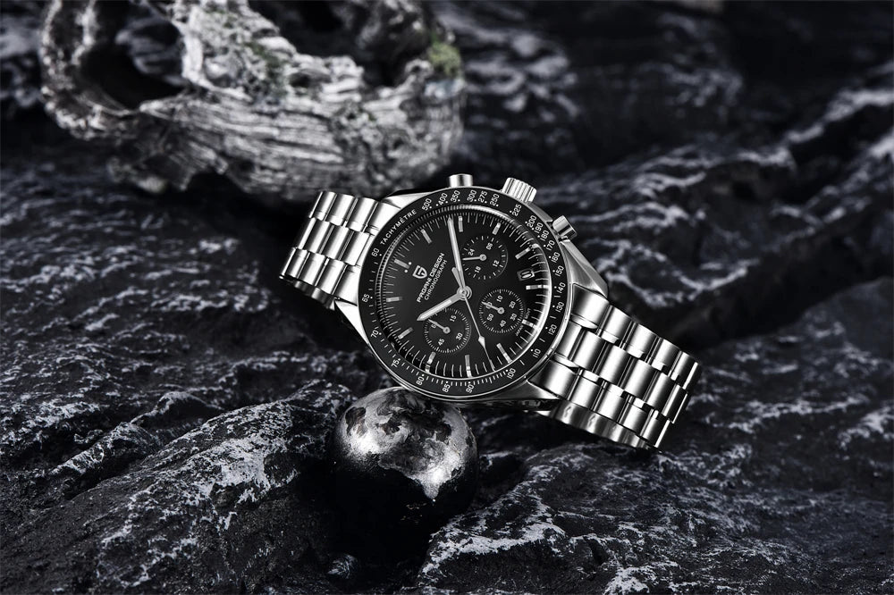 Montre pour homme PAGANI DESIGN « New Moon » – Montre à quartz de luxe, chronographe, verre saphir avec traitement antireflet, lunette en céramique, aiguilles luminescentes