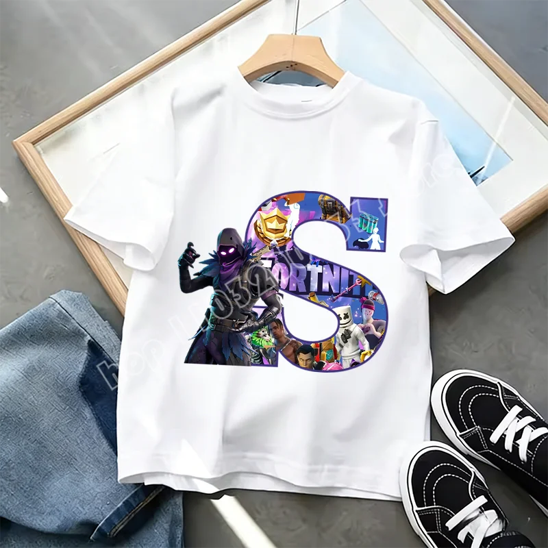 Fortnite A-Z Alphabet Print T-Shirt für Kinder, Sommer, weiß, beliebtes Cartoon-Game-Shirt, modisches Casual-Kurzarmtop, Geschenk