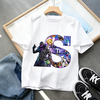 Fortnite A-Z Alphabet Print T-Shirt für Kinder, Sommer, weiß, beliebtes Cartoon-Game-Shirt, modisches Casual-Kurzarmtop, Geschenk