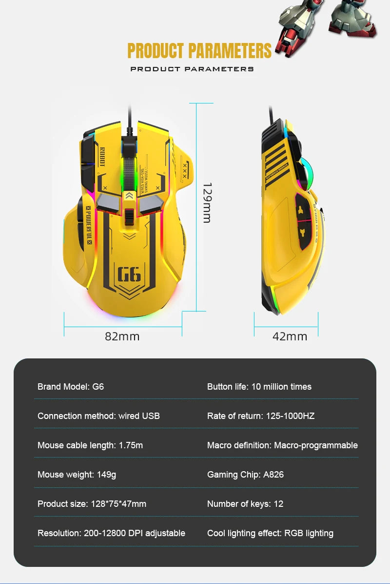 High-end Programmable Gaming Mouse Wired 12800 DPI 12 keys RGB Game Mice for Windows IOS Home Office Laptop PC