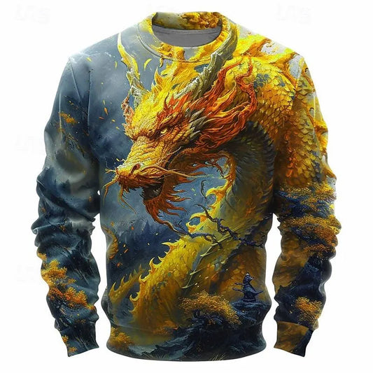 Fashion Dragon grafikus 3D-nyomtatott férfi pulóver, hagyományos kulturális elemekkel, vintage stílusú, O-nyakú pulóver, őszi, laza felső