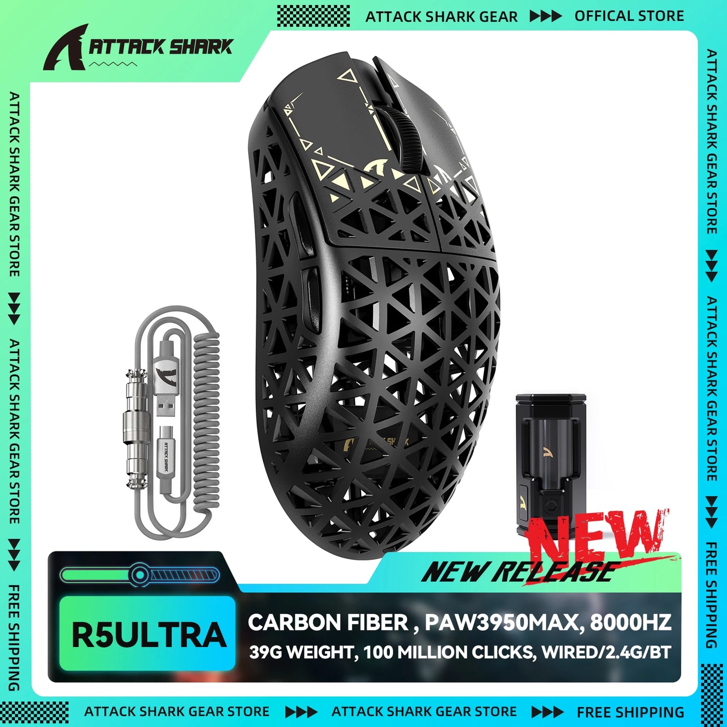 ATTACK SHARK R5Ultra Carbon Fiber Wireless 8K PAW3950MAX Gaming Mouse with 8K Coiled Cable