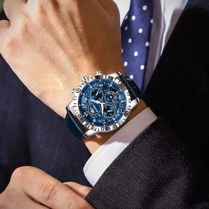Luxusné náramkové hodinky POEDAGAR pre mužov – športový chronograf, vodotesné a s podsvietením, s koženým remienkom, quartzový strojček