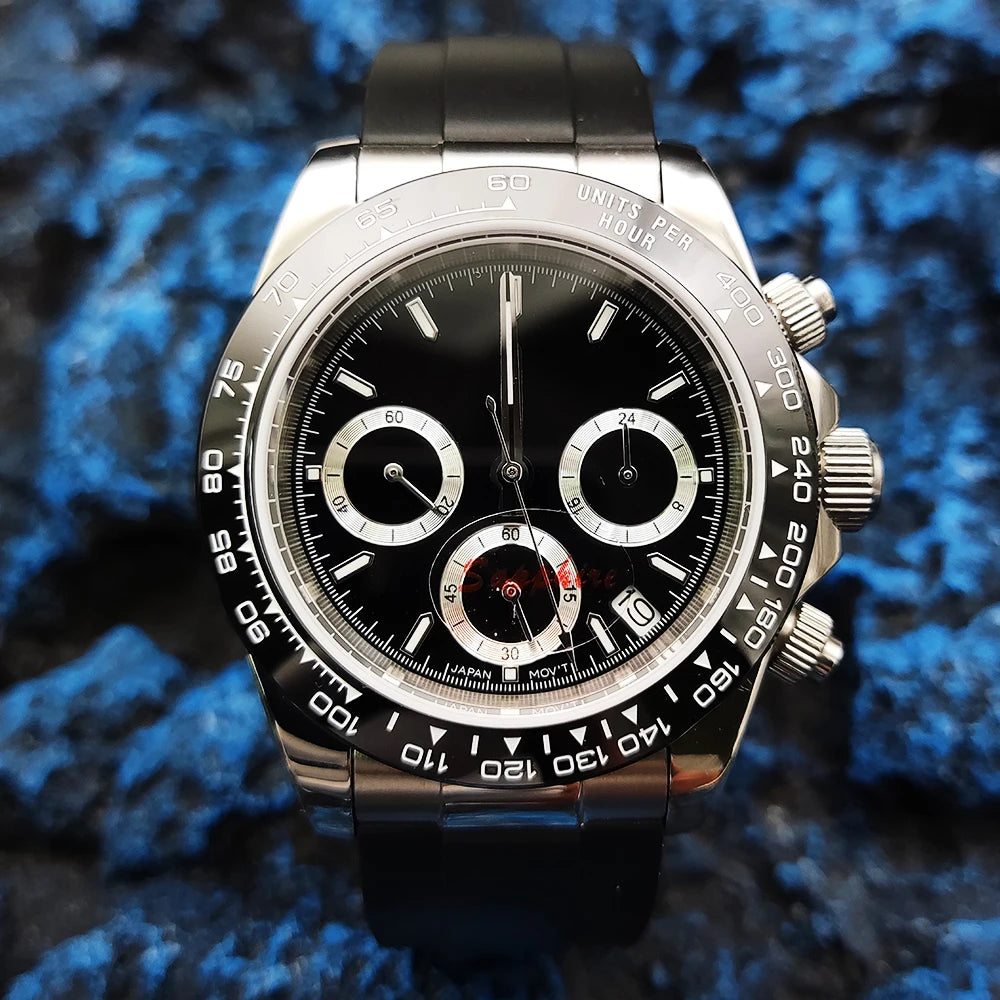 20 Color Business 39mm Quartz Watch Men's Timing Sapphire Crystal VK63 Movement Calendar Luminous Blue Dial Stainless Steel Strap