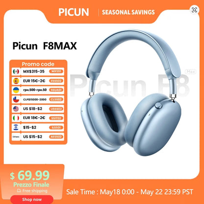 Picun F8MAX ANC Wireless Headphone 59dB Hybrid Active Noise Canceling Spatial Audio Earphone Bluetooth 6.0 Over Ear Headset 180H