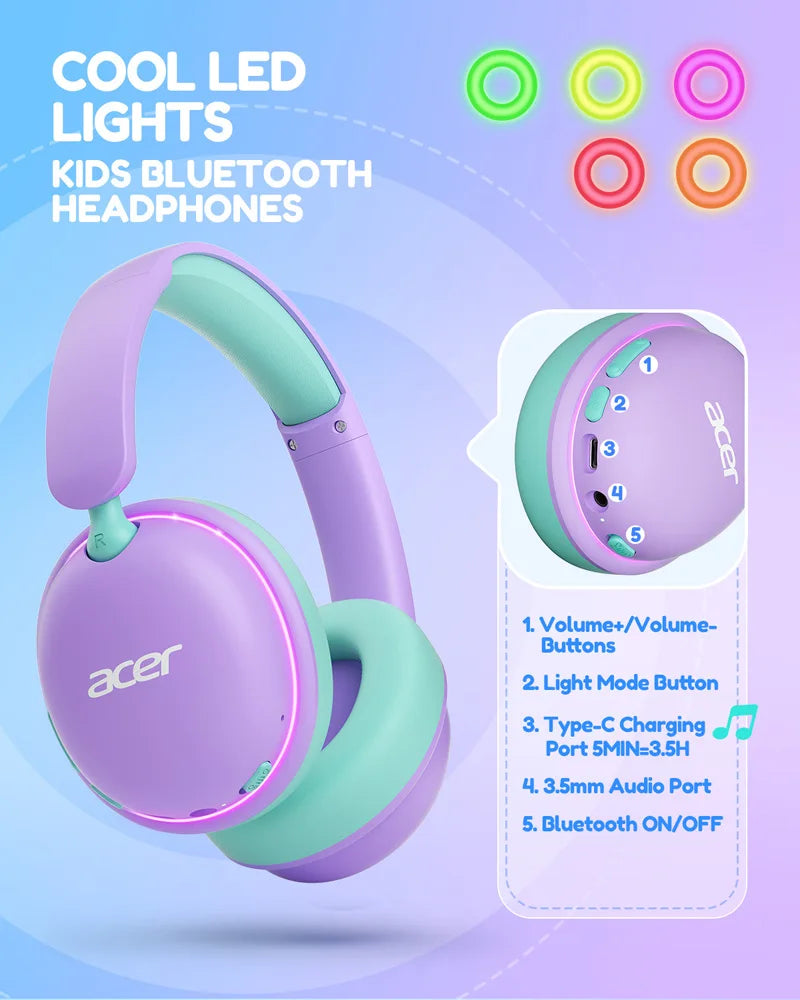 Casque Bluetooth 6.0 pour enfants Acer OHR727 avec lumières LED, conception confortable circumaurale, volume sécurisé de 85 dB, autonomie de 110 heures, microphone intégré