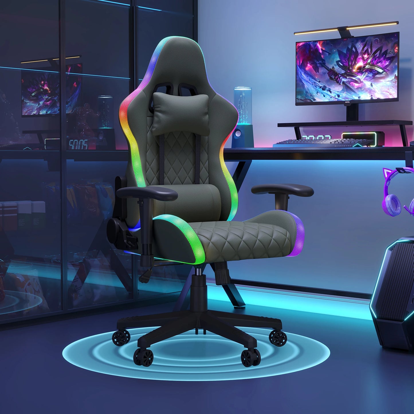 Ergonomic Gaming Chair with Massage Function, RGB LED, 90-135 Degree Recline, Up to 130kg, Office Chair, Premium Leather, Black