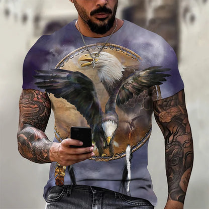 3D-geprint grappig adelaars-T-shirt voor heren, coole dierenprint, zomerse Harajuku-tees, losvallende tops met ronde hals en korte mouwen, T-shirts voor kinderen