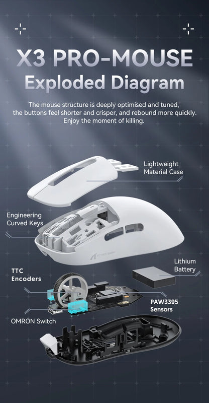 ATTACK SHARK X3/X3PRO 4K/8K trådlös gamingmus, 26K DPI, tri-mode (trådbunden/2.4GHz/BT5.2), lätt, PAW3395-sensor för gamers