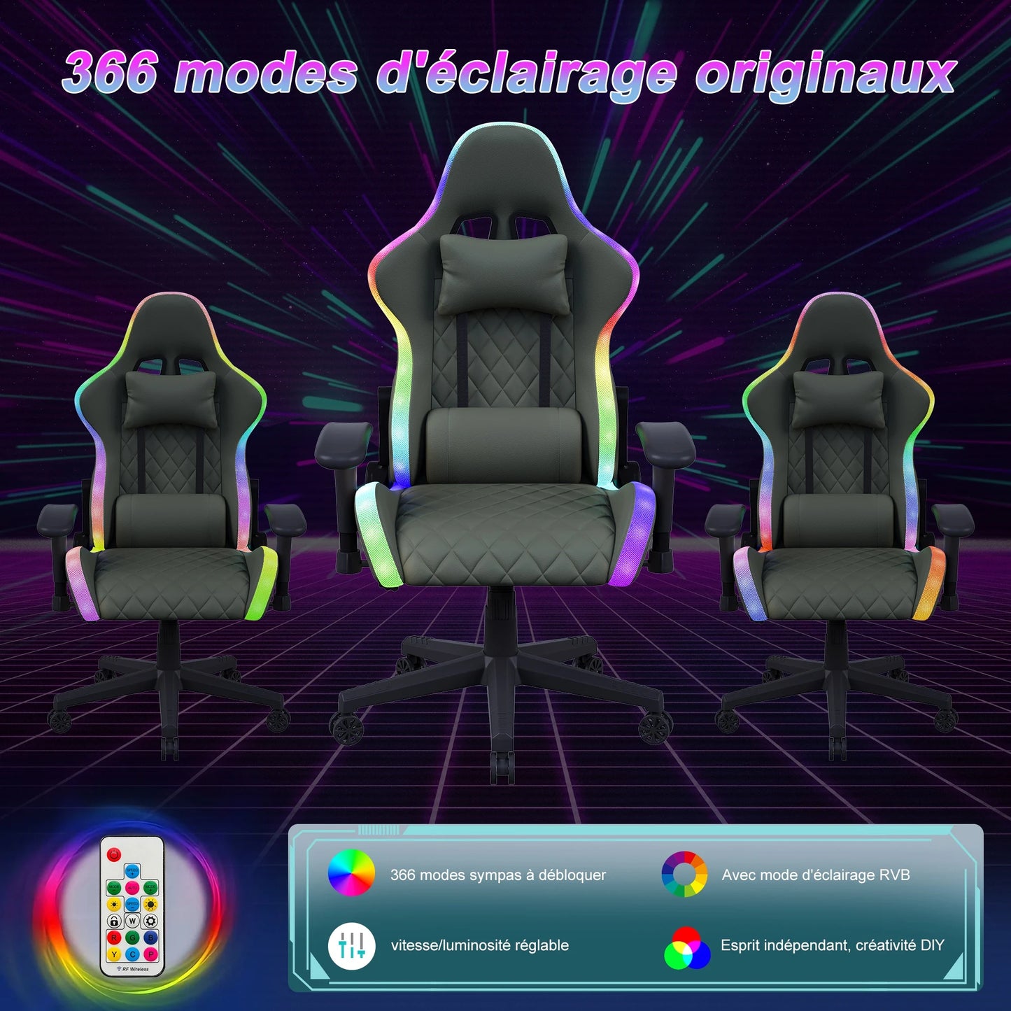 Gaming Chair, Ergonomic Gaming Chair with LED, Adjustable Computer Chair for Teenagers, Lumbar Cushion, Gamer Chair, Black