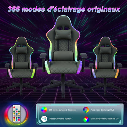 Gaming Chair, Ergonomic Gaming Chair with LED, Adjustable Computer Chair for Teenagers, Lumbar Cushion, Gamer Chair, Black