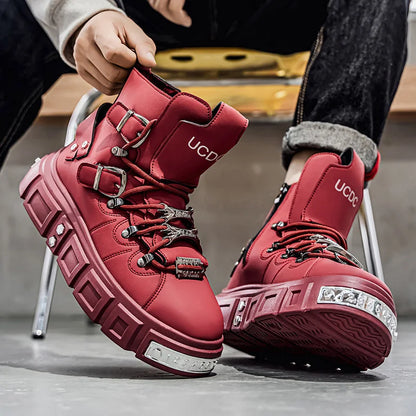 Baskets montantes noires à rivets, mode, pour homme, en cuir, design de luxe, chaussures de ville, style gothique et punk, bottes de moto pour homme, grandes tailles jusqu'à la taille 46